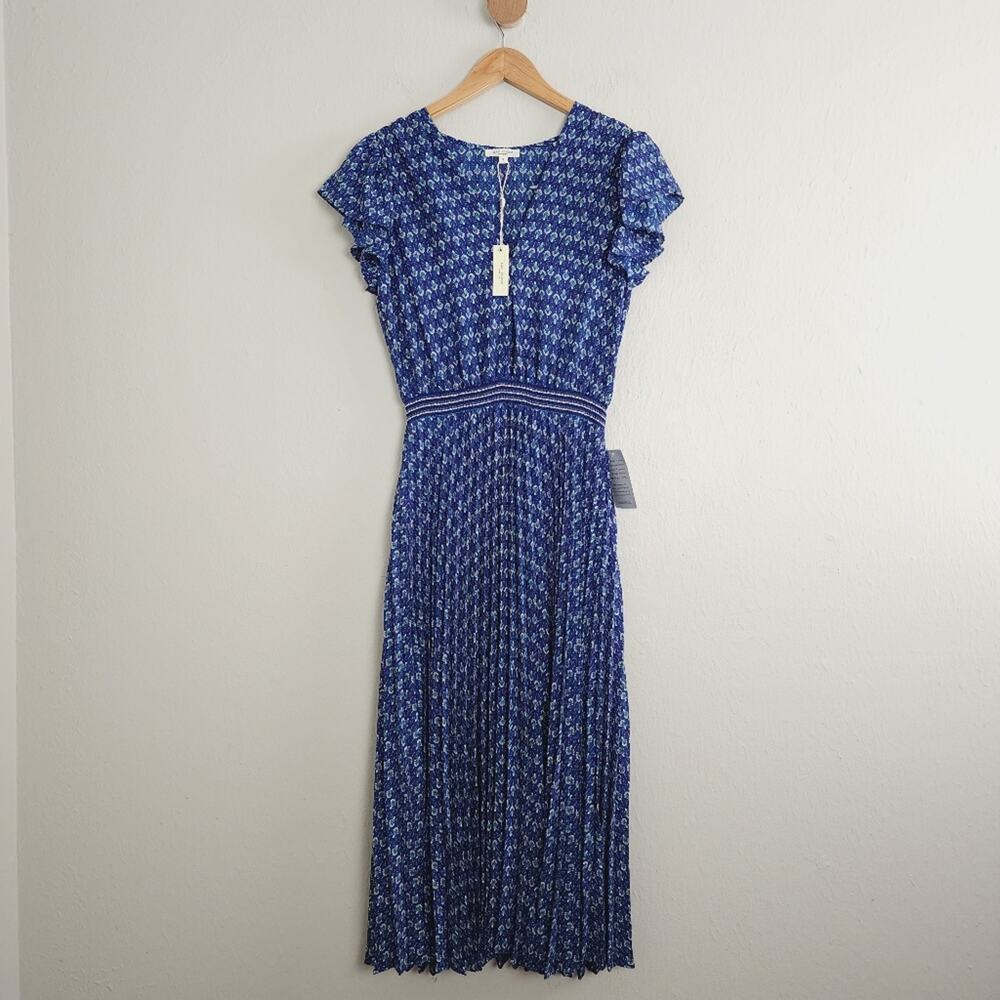 Max Studio Blue Floral Pleated Midi Dress NWT Flutter Sleeve V-Neck Crepe Small